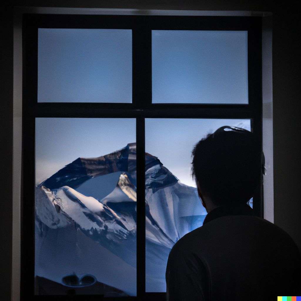 a photograph of someone gazing at Mount Everest seen through a window